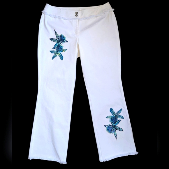 Escada Pants - Escada Sequined Floral Embroidery Applique Blue & White Boot Cut Pants